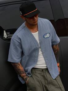 DAZY Men's Letter Print Short Sleeve Washed Denim Jacket, Summer - Blue - View 1