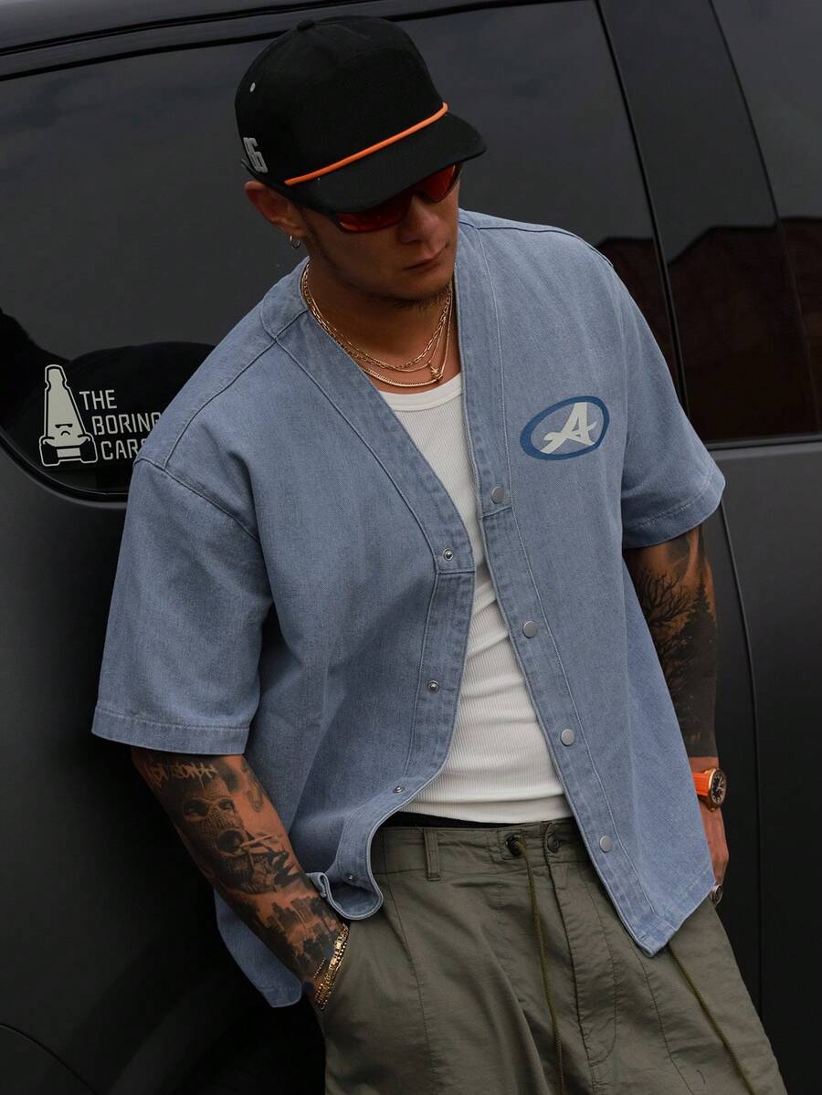 DAZY Men's Letter Print Short Sleeve Washed Denim Jacket, Summer - Blue - View 1