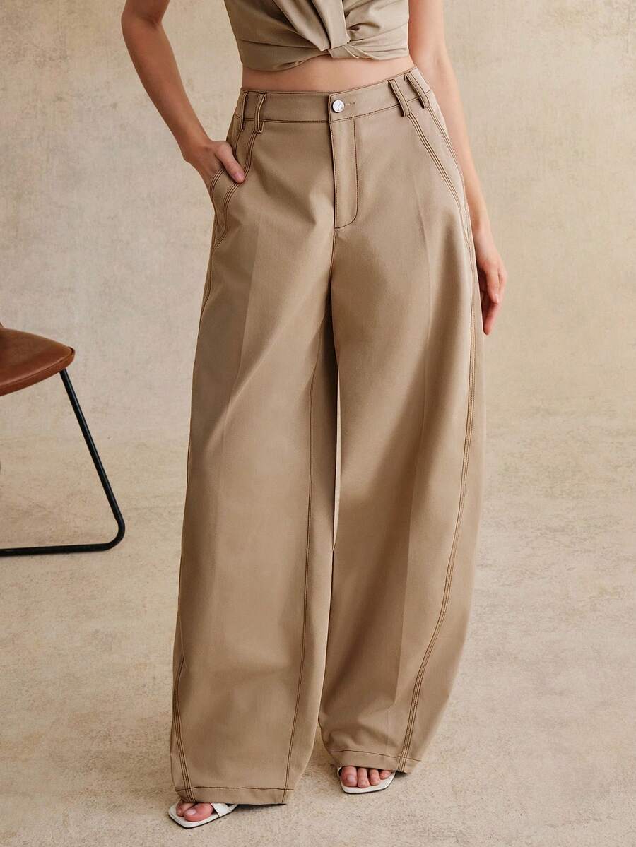 Anewsta Women's Khaki Contrast Knot Structure Spring New Flared Pants, Casual Versatile Leg Flattering Suit Trousers - Khaki - View 1
