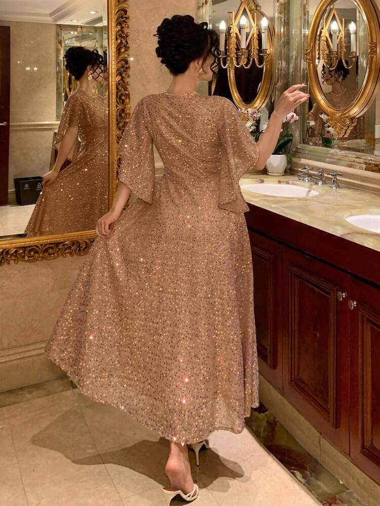 Women's Elegant Sequin V-Neck Ruffle Sleeve Mid-Length Dress, Summer Wedding Guest Dress Sparkly Dress Sundress