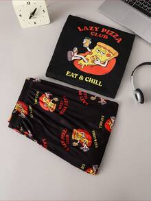 Hamburger & Fries Print Men Crew Neck Short Sleeve Top And Pants Pajama Set - Multicolor - View 4