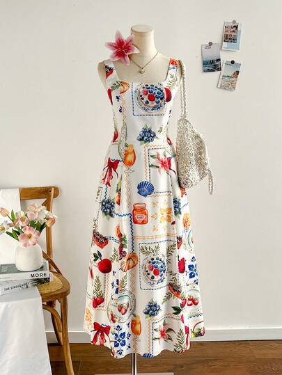 Soleia 女士休闲水果印花无袖中长连衣裙，适合度假穿着