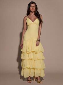SHEIN BAE Đầm hai dây xếp tầng màu trơn dành cho nữ, có bèo nhún ở gấu váy. - Màu vàng - Xem 4