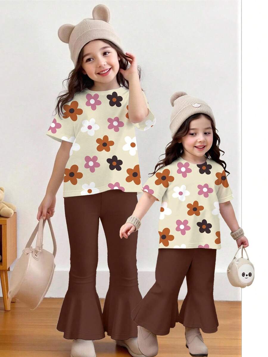 Bộ 2 món áo thun ngắn tay in hoa và quần ống loe cho bé gái, trang phục thường ngày thoải mái cho hoạt động ngoài trời, trong nhà, đi nghỉ mát, phù hợp cho mùa xuân, hè, thu, đông, dễ thương và đáng yêu. - Nhiều màu - Xem 1