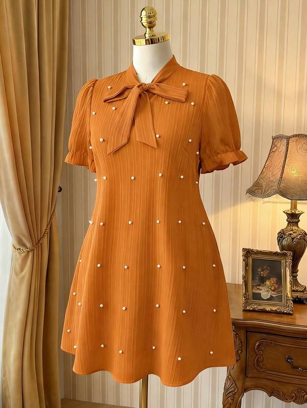 Rometta ชุดเดรสผูกโบว์ประดับมุกสำหรับผู้หญิงไซส์ใหญ่