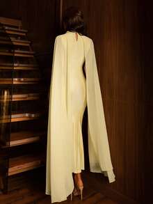 Modelyn Fashionable Deep V-Neck Asymmetric Patchwork Flowy Sleeve Rhinestone Embellished Fitted Dress - Yellow - View 3