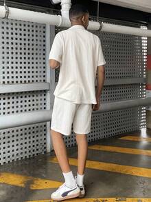 Ngobest Haus Ngobest Haus Men's Fashion Classic Solid Color Textured Knit Shirt With Buttons & Shorts, Suitable For Casual, Minimalist, Commuting, Street Style, Summer New Short Sleeve Two Pieces Set, Cozy Outfits - Apricot - View 2