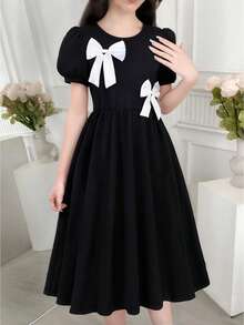 SHEIN 女童简约优雅黑色中长连衣裙，饰有蝴蝶结，圆领泡泡袖，A字腰身，适合日常、通勤、派对等场合。 - 黑色 - 查看 1