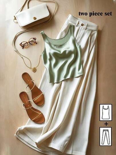 Franclia French-Style Summer Elegant Two-Piece Suit, Green Background, Apricot Wide-Leg Pants Two-Piece Suit, Satin Top Suit, Women's Satin Vest, Women's Trousers Two-Piece Suit, Formal Base Layer Two-Piece Suit, Women's Summer Outfit, Women's Beach Two-Piece Suit.