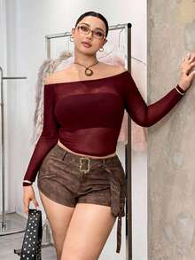 SHEIN EZwear 大码女式网纱透视露肩时尚百搭长袖上衣 - 酒紅色 - 查看 6