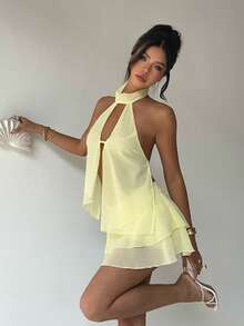 Aloruh Women's Pale Yellow Chiffon 2 Pieces Set Solid Hollow Asymmetric Hem Tank Top And Mini Skirt,Summer Tropical Holiday Vacation Boho Beach Outfits - Yellow - View 5