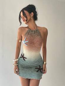 Aloruh 女士海星图案渐变色毛衣连衣裙 - 咖啡棕 - 查看 2