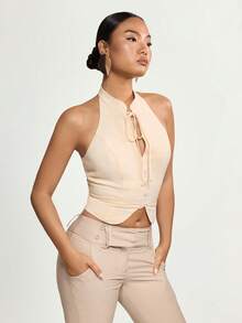 SHEIN ICON Retro Chinese Style Mandarin Collar Button-Up Tie-Waist Halter Top - Beige - View 5