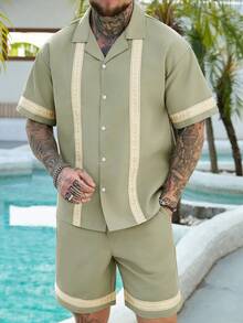 VENTUSAIL 男士绿色提花编织腰带度假衬衫套装，春夏男士夏季服装套装，男士套装，加大码男士搭配套装，男士度假套装，男士休闲装，日常休闲，周末旅行，户外活动，探险旅行，轻松的工作环境或半正式场合，男友/丈夫礼物，周年纪念/生日礼物，派对，夏季假期，婚礼，春夏男士邮轮套装，游艇套装，男士沙滩套装 - 綠色 - 查看 4