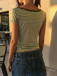 INAWLY Women's Casual Striped Short Sleeve Fitted Top, Summer - Green - View 2