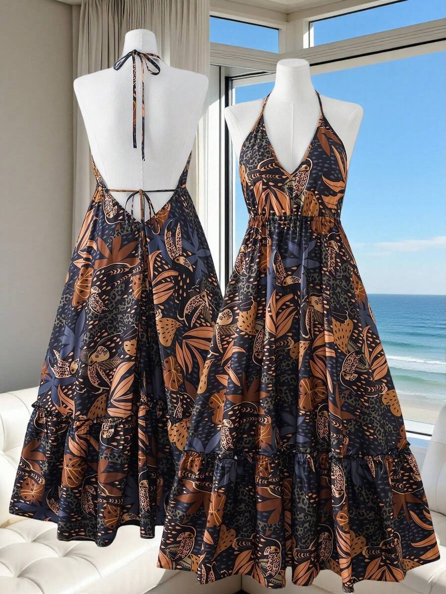 Franclia Plus Size Boho Halter Neck Sleeveless Multicolor Floral Print Long Flared Woven Beach Vacation Dress - Multicolor - View 1
