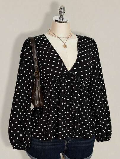 SHEIN ICON Plus-Size Women's V-Neck Ruffled Puff Sleeve A-Line Polka Dot Print Shirt, Retro Y2K Babydoll Long-Sleeved Shirt Polka Dot Outfit Long Sleeve Blouse For Women Polka Dot Top