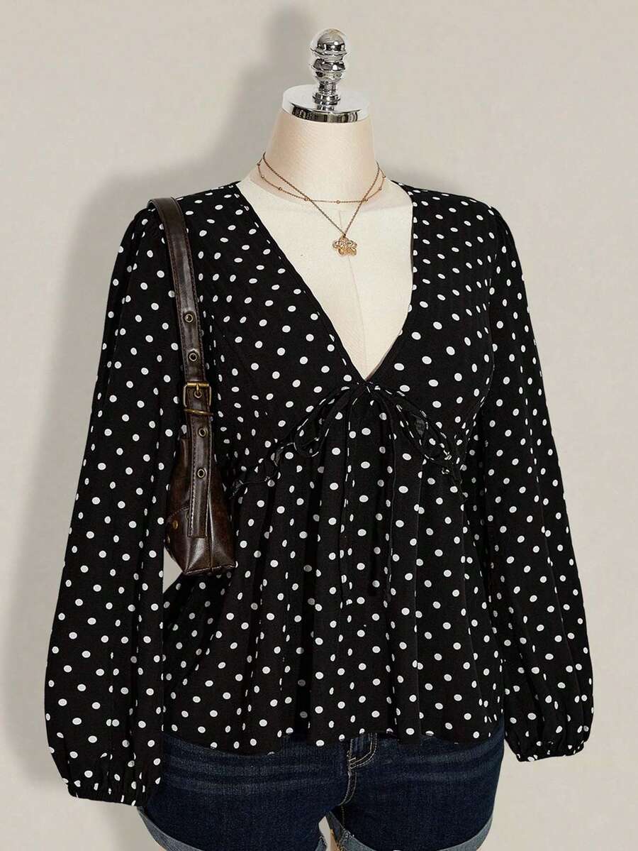 SHEIN ICON 大码女式V领灯笼袖波点印花娃娃衫，复古Y2K风格 - 黑與白 - 查看 1