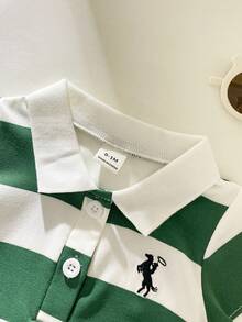 SHEIN Playful Pals 幼童男嬰夏季綠白條紋 Polo 羅馬服休閒短袖翻領連身衣 馬術騎手家庭套裝派對穿搭 - 綠色 - 查看 4