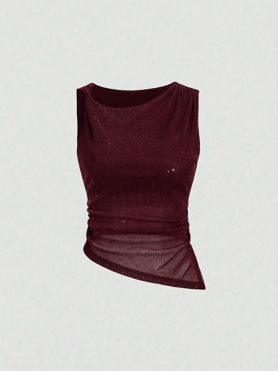 Sweetra Women's Shiny Knit Asymmetric Fitted Sleeveless Top, Slimming, Versatile For Daily Commute, Spring/Summer Asymmetrical Top - Burgundy - View 1