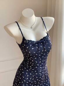 Comfortcana Đầm slip ren họa tiết hoa nhí phối màu tương phản dành cho nữ, thích hợp cho kỳ nghỉ hè. - Màu xanh hải quân - Xem 5