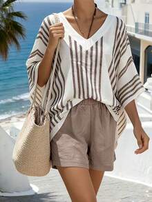 SHEIN Holidaya 2026 Spring/Summer New Relaxed White & Brown Striped Batwing Cover Up And Light Brown Shorts, Lazy Beach Vacation Spring/Summer Fashionable And Versatile Casual Loose-Fitting Short-Sleeved Khaki Striped T-Shirt And Shorts; V-Neck Casual Outing Top And Solid Color Shorts Summer Outfits For Women  Spring Clothes Women Spring Break Outfits Spring Outfit Beach Outfits For Women Beach Shorts Beach Outfits Beach Pants  Going Out Tops For Women Vacation Outfits Women Holiday Outfits For Women Summer Ho - Khaki - View 7