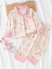 2pcs/Set Young Girl' Cute Rabbit Print Long Sleeve Top And Pants Comfortable Pajama Set, Apricot - Apricot - View 4
