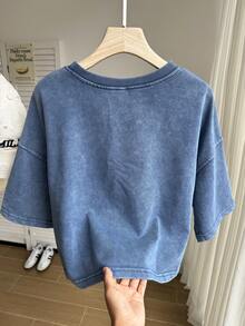 SHEIN EZwear 大码水洗棉雪花短袖T恤，海军蓝，春季 - 藏蓝色 - 查看 2