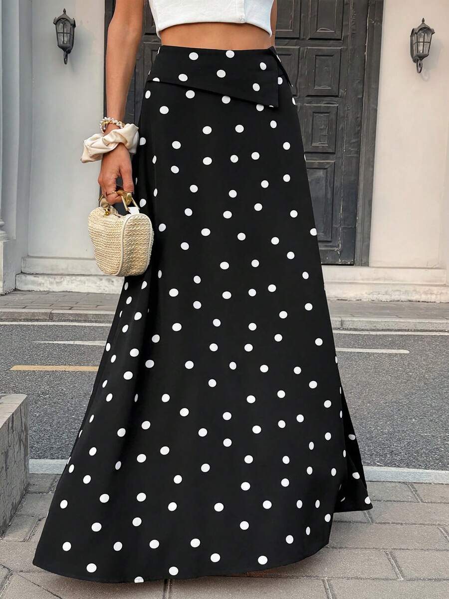 Pariaura Casual Black Polka Dot Print Maxi Skirt For Women Stylish Flared Design With Zipper Detail - Black - View 1