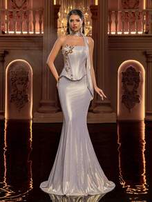 Glamrae Elegante e lussuosa gonna a sirena con fascia elastica e decorazione in metallo 3D fatta a mano (accessorio pendente con paillettes staccabile incluso), adatta per matrimoni, feste, vacanze, gala, occasioni formali (design robusto) - Argento - Visualizzare 4