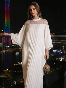 Al Najma Đầm cổ đứng thanh lịch đính cườm, vạt cánh dơi, thích hợp cho mùa xuân/hè. - trắng - Xem 8