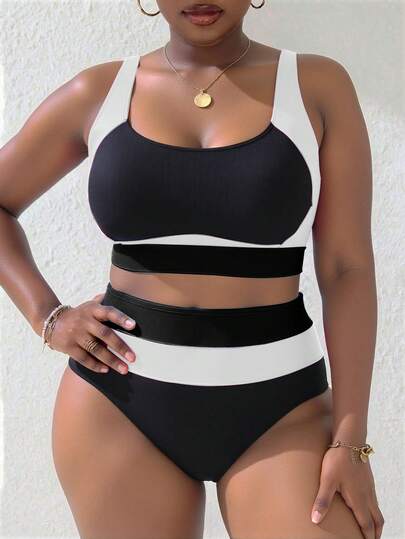 Slaydiva 大码女式新款夏季沙滩度假撞色高腰三角比基尼套装