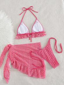 Swim Mod 3pcs Women's Solid Color Ruffle Halter Bikini Set With Knotted Skirt - Watermelon Pink - View 5
