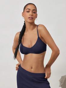 Ocili 100% Cotton Ribbed Comfortable Basic Minimalist Chic Autumn Casual Women Bra - Navy Blue - View 5