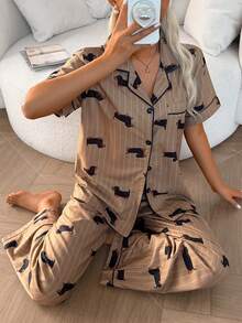 SHEIN Napfluff 可爱春季口袋前扣动物印花短袖裤女式睡衣套装，家居服 - 彩色 - 查看 4