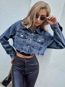 SHEIN Essnce Chaqueta vaquera suelta de manga larga con hombros caídos y borde deshilachado - Azul lavado medio - Ver 4