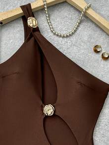 SHEIN Swim 1pc Solid Color Hollow Out Asymmetric Metal Decor Swimsuit For Women Holiday Beach Party Pool Party Chocolate Brown Summer - Brown - View 5