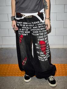 ROMWE MEN Goth Jeans casuales acampanados con estampado de eslogan y desgastados para hombres - Negro - Ver 8