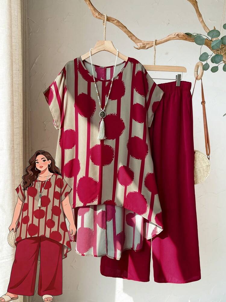 Plus Size Vacation Casual Striped & Circle Print Shirt And Pants 2 Pieces Set,Summer/Spring Country Style For Women  Two Piece Set Women Summer Pants Sets