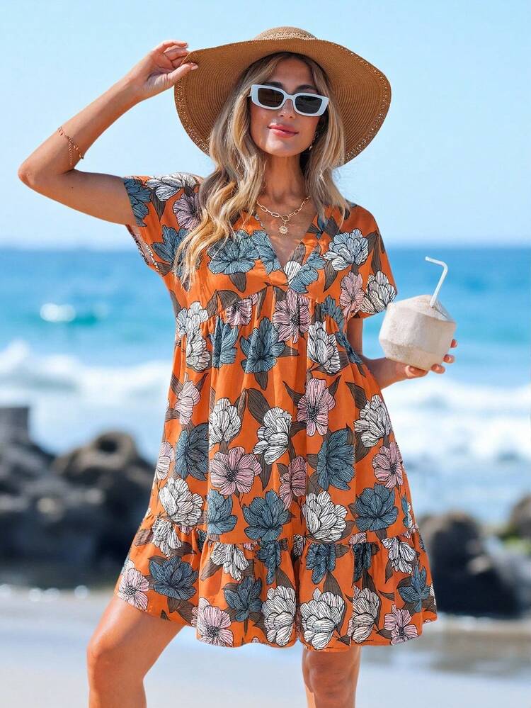 orange boho dress pstuiky Summer Dresses for Women , Flower Print Boho Dresses for Women Midi  Dress Dressy 3/4 Sleeve V-Neck Cocktail Dresses Orange XL