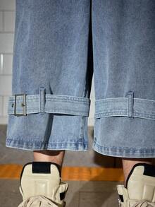 ROMWE MEN Grunge Punk Men's Partial Strap Decorative Denim Shorts - Blue - View 2