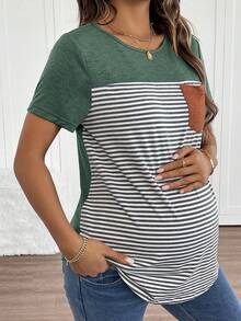SHEIN Maternity Women's Striped Pocket Short Sleeve T-Shirt - Green - View 3