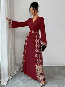 Rafferiza 方领褶裥优雅雪纺长裙，黑色金箔花卉印花，高贵浪漫，女士春秋服装 - 紅色 - 查看 3