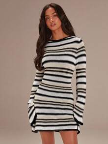 Athîral Women's Striped Print Fitted Casual Long Sleeve Sweater Dress - Black and White - View 2