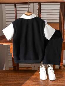 Mirajuku 2pcs/Set Boys' Casual Contrast Color Patchwork Textured Polo Shirt And Shorts Set, Suitable For Daily, Commute And School Wear - Black and White - View 2