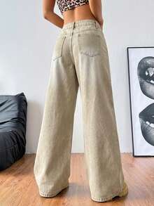 Coolane Damen Vintage Loose Fit Baggy Jeans mit Taschen - Khaki - Übersicht 7