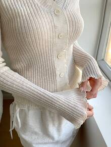 FRIFUL 女士时尚休闲针织罗纹薄开衫 - 白色 - 查看 1