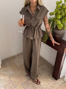 DAZY 女士休闲度假束腰无袖衬衫上衣和直筒裤两件套，春夏款 - 咖啡棕 - 查看 4