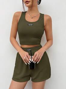 SHEIN EZwear 橄榄绿针织无袖女士运动休闲背心套装，夏季 - 軍綠色 - 查看 4