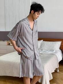 DAZY Men's Summer Short Sleeve Shirt And Shorts Pajama Set, Textured Fabric - Multicolor - View 2